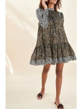 Ulla Johnson Amira Leopard print Mini Dress size 8 Long Sleeve Mock Neck Party